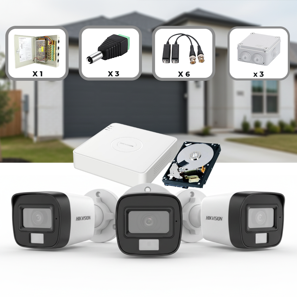 Kit Complet 3 Camere Supraveghere exterior Hikvision 2MP IR 25m cu DVR 4 Canale și HDD 1TB