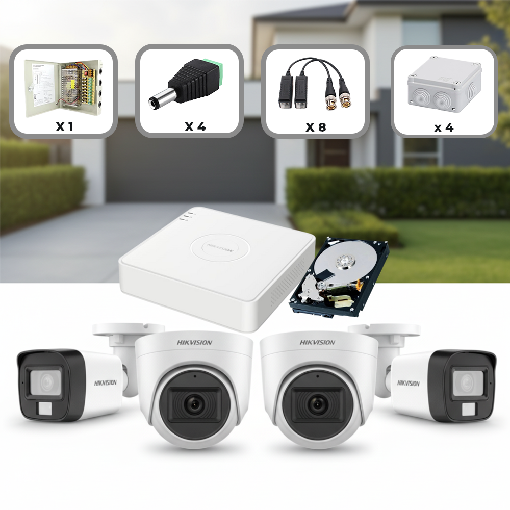 Kit Complet 4 Camere Supraveghere (2 Exterior + 2 Interior) Hikvision 2MP cu DVR și HDD 1TB