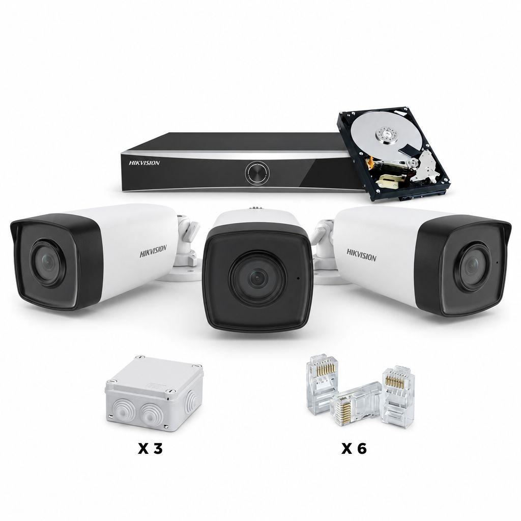 Kit Complet 3 Camere Supraveghere exterior IP Hikvision 2MP IR 30m cu NVR 4 Canale PoE și HDD 1TB