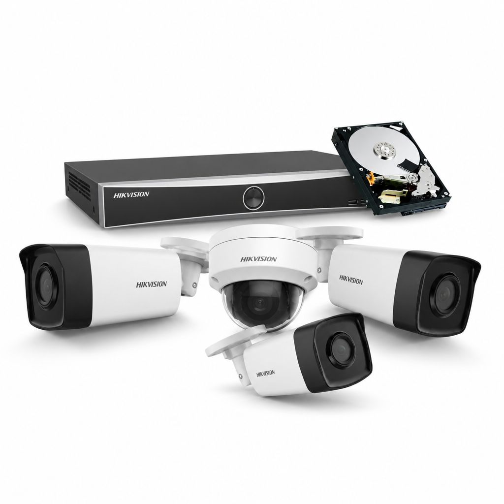 Kit Complet 4 Camere Supraveghere (3 Exterior + 1 Interior) IP Hikvision 2MP cu NVR PoE și HDD 1TB