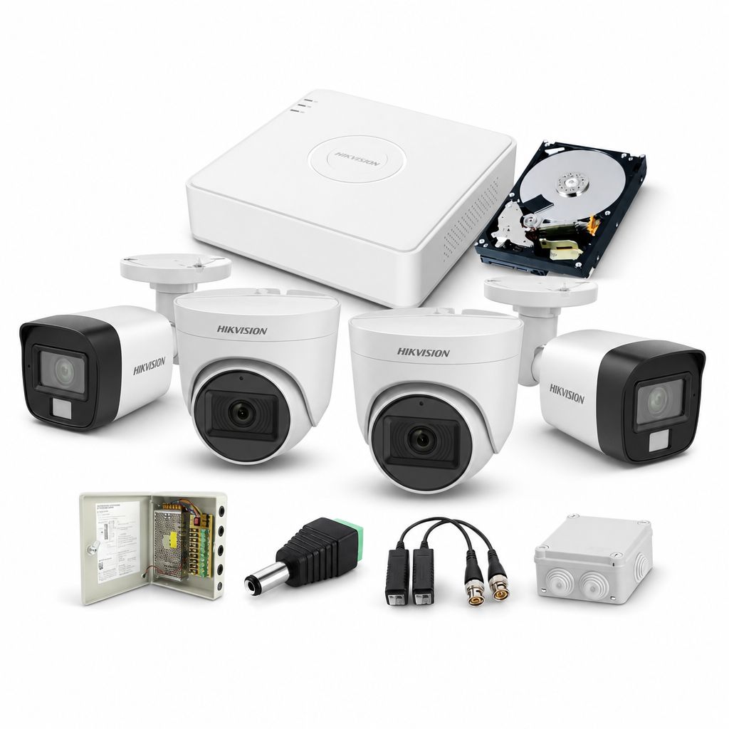 Kit Complet 4 Camere Supraveghere (2 Exterior + 2 Interior) Hikvision 2MP cu DVR 4 Canale și HDD 1TB