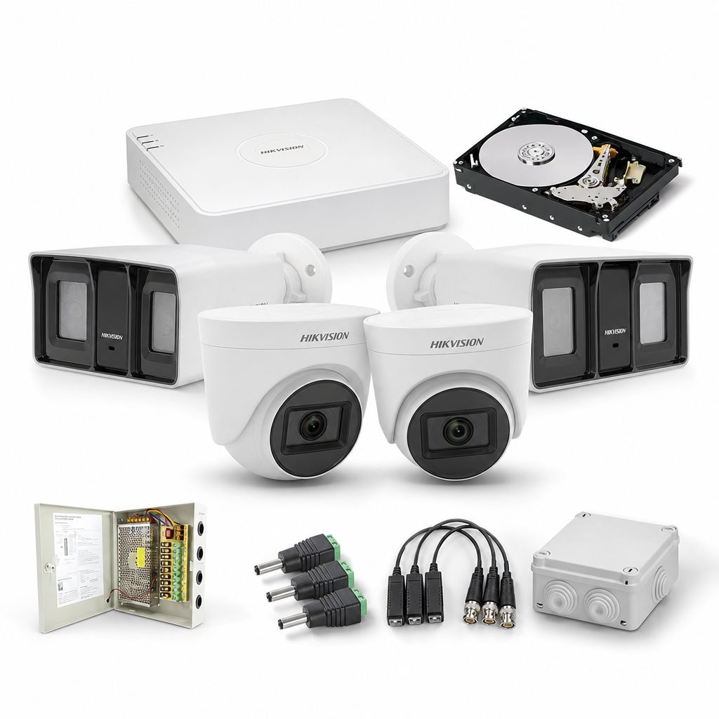 Kit Complet 4 Camere Supraveghere (2 Exterior IR 60m + 2 Interior) Hikvision 2MP cu DVR și HDD 1TB