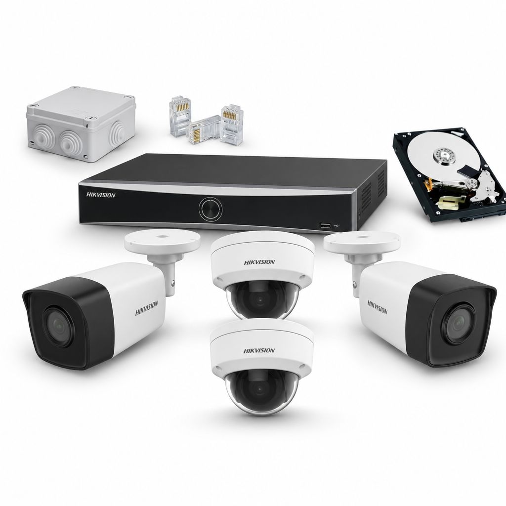 Kit Complet 4 Camere Supraveghere (2 Exterior + 2 Interior) IP Hikvision 2MP cu NVR PoE și HDD 1TB